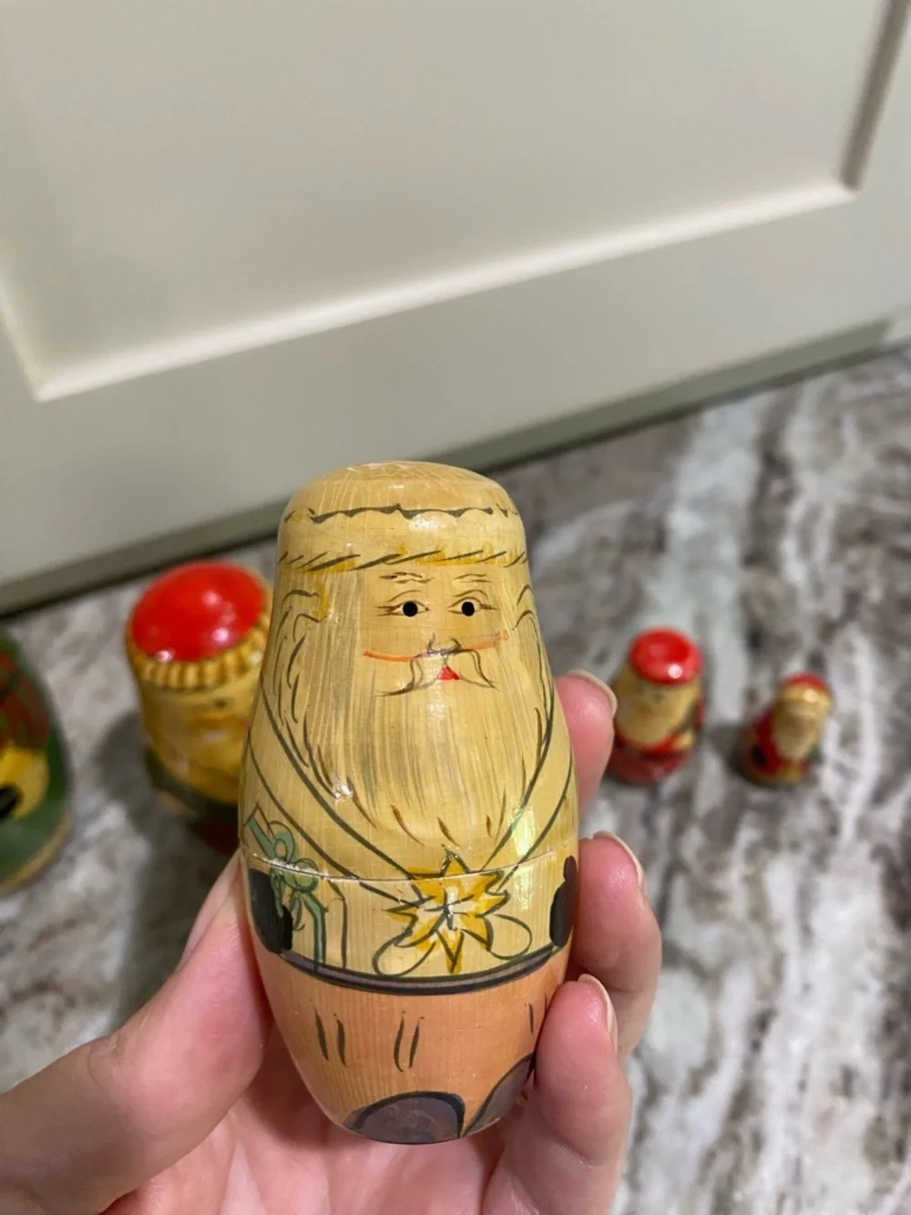 Vintage Hand-Painted Russian Santa Nesting Dolls Set - Green and Red